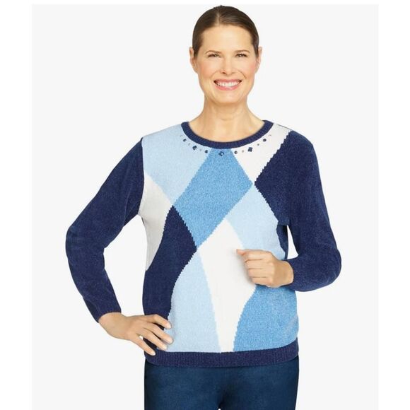 Alfred Dunner Womens Petite Chenille Blue Colorblock Sweater, NWT, PS - Picture 3 of 11